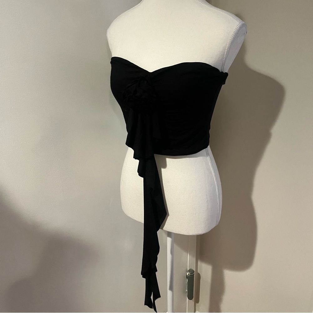 HYFVE Black Strapless Top with Floral Appliqué Detail